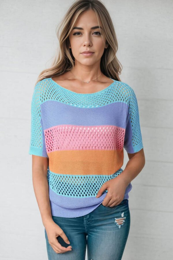 Sky Blue Knitted Eyelet Colorblock Striped Half Sleeves Top