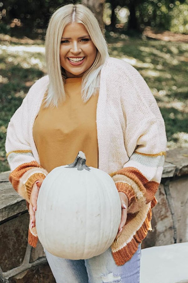 Beige Plus Size Striped Print Open Front Cardigan