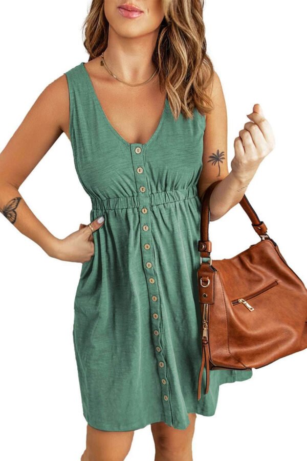 Green Buttons Sleeveless High Waist Mini Dress