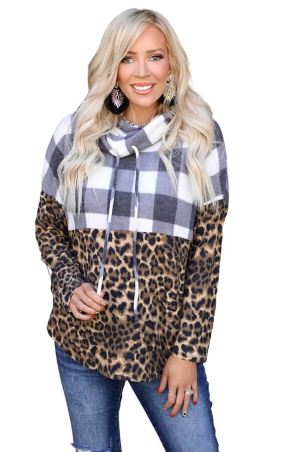 Leopard Leopard Plaid Patchwork Cowl Neck Sweatshirt