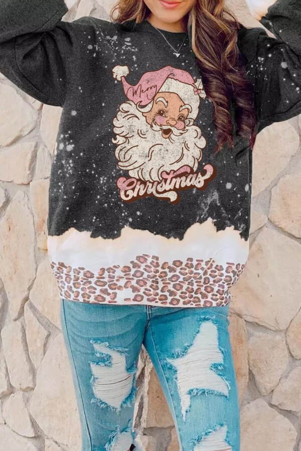 Black Christmas Santa Clause Leopard Print Graphic Sweatshirt