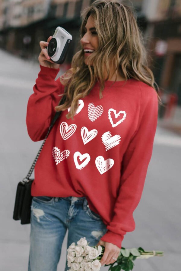 Red Hearts Print Crewneck Long Sleeve Sweatshirt