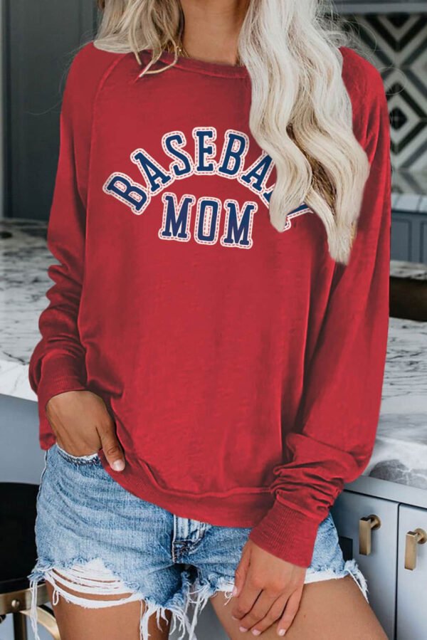 Red Baseball Mom French Terry Cotton Blend Sweatshirt