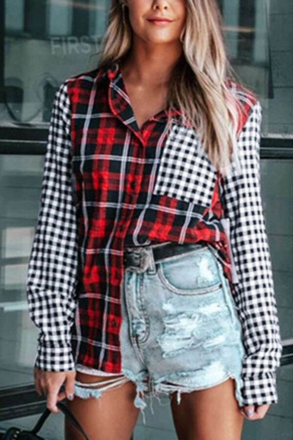 Red Plaid Splicing Hit Color Pockets Turndown Collar Long Sleeve Shirt