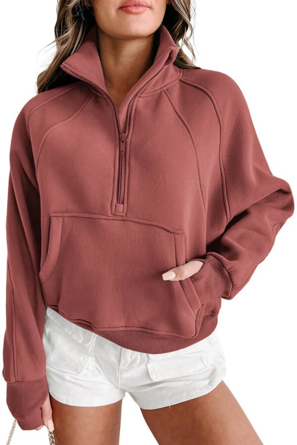 Brown Zip Up Stand Collar Ribbed Thumbhole Sleeve Sweatshirt