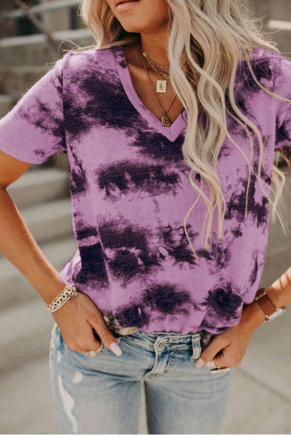 Purple Tie-dye V Neck T-shirt