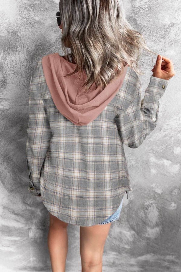 Khaki Drawstring Plaid Hooded Shirt Coat