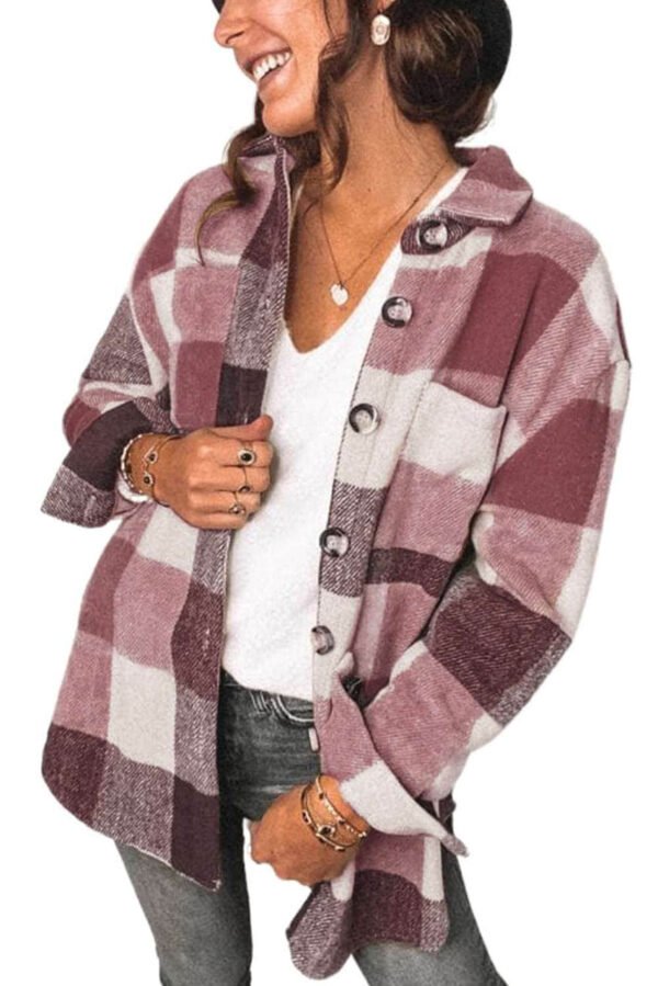 Plaid Color Block Buttoned Long Sleeve Jacket with Pocket