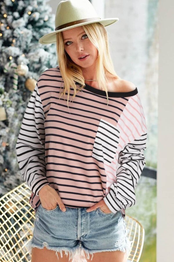 Striped Patchwork Pocketed Long Sleeve Top