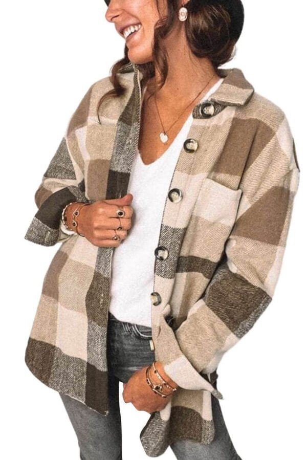 Khaki Plaid Color Block Buttoned Long Sleeve Jacket with Pocket