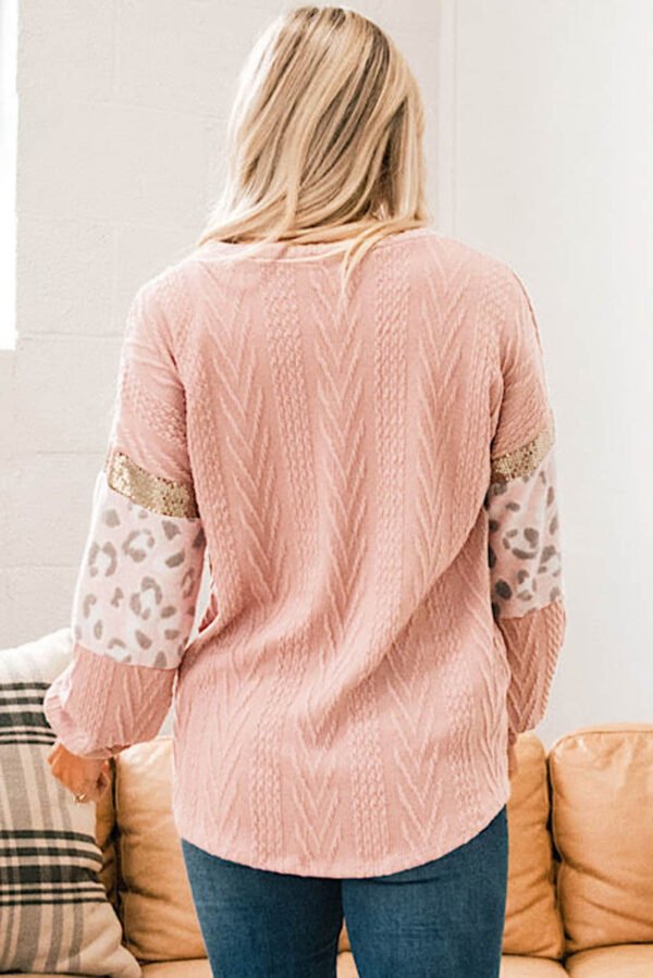 Pink Leopard Sequin Splicing Sleeves Textured Knit Top