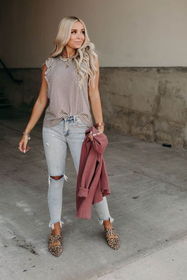 Gray Crew Neck Ruffled Striped Tank Top