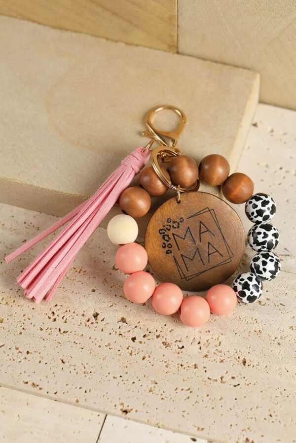 Pink MAMA Wood Pendant Leopard Fringe Keychain