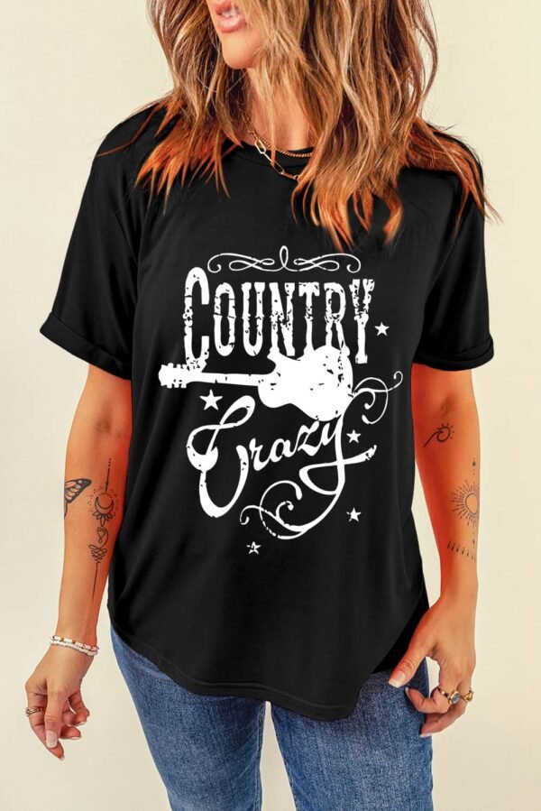 Black Country Music Crazy Print Crew Neck T Shirt