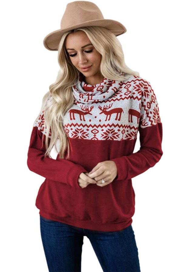 Christmas Elk Snowflake Color Block Cowl Neck Sweatshirt