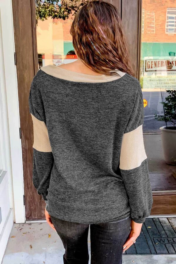 Black Brushed Contrast Knit V Neck Colorblock Long Sleeve Top