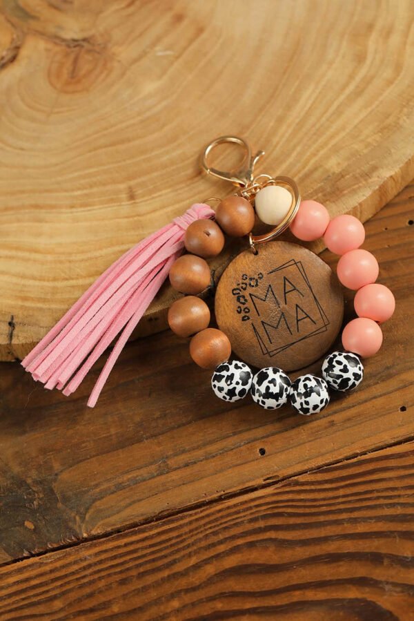 Pink MAMA Wood Pendant Leopard Fringe Keychain