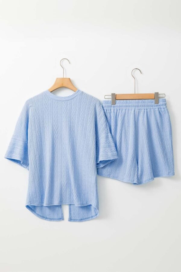 Beau Blue Textured Buttoned Slit Back Tee Shorts Set