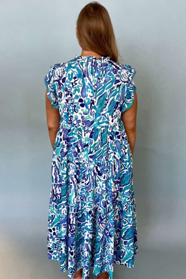 Sky Blue Plus Abstract Print Split Neck Ruffled Sleeve Tiered Long Dress