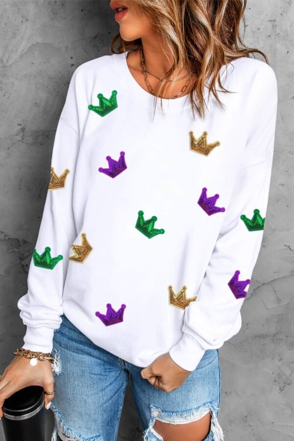 White Mardi Gras Crown Sequined Patch Crew Neck Sweatshirt