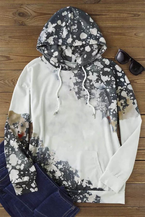 Gray Bleached Tie Dye Kangaroo Pocket Drawstring Hoodie