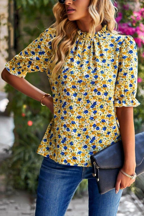 Yellow Boho Floral Ruffle Short Sleeve Frill Mock Neck Blouse