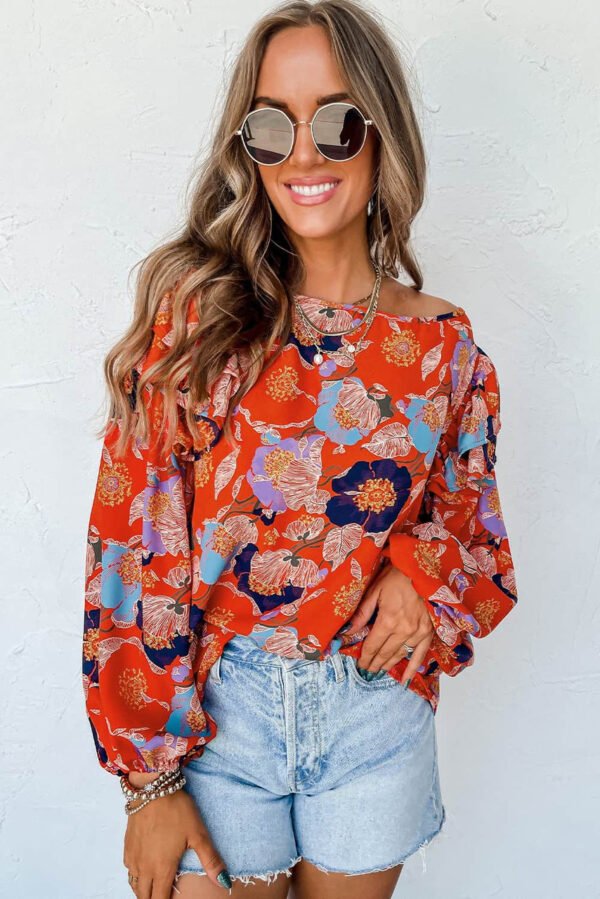 Red Floral Print Ruffle Puff Sleeve Blouse