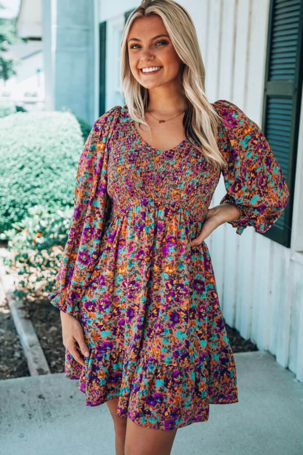 Purple Smocked V Neck Puffy Sleeve Floral Dress