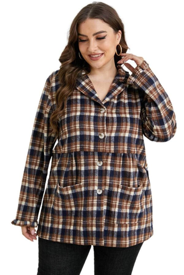 Plaid Print Button-up Turn Down Collar Plus Size Coat