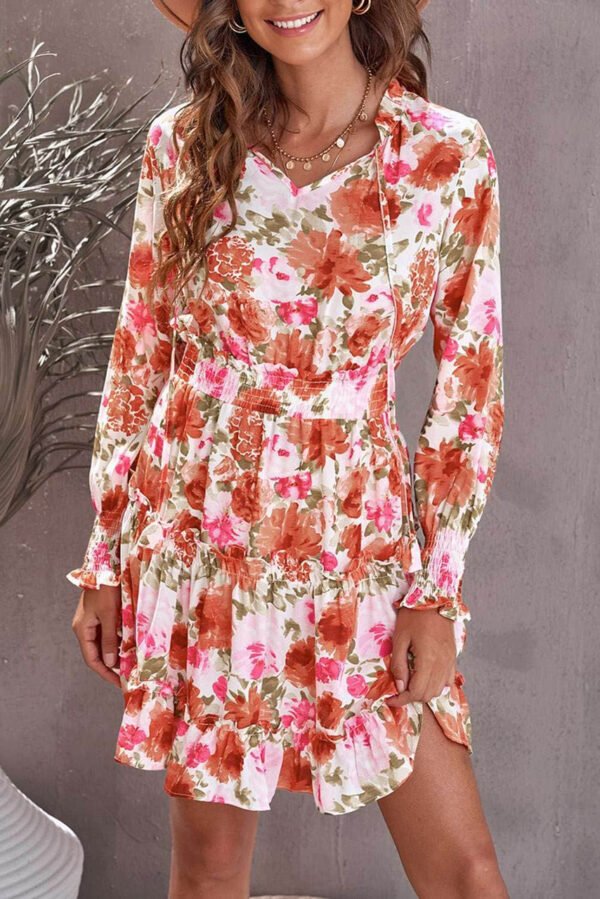 Multicolor Floral V neck Long Sleeve Tie Waist Mini Dress