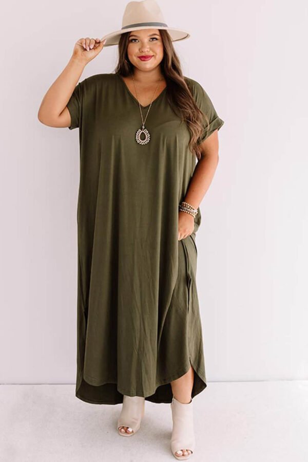 Green Plus Size V Neck Rolled Cuffs Maxi Dress