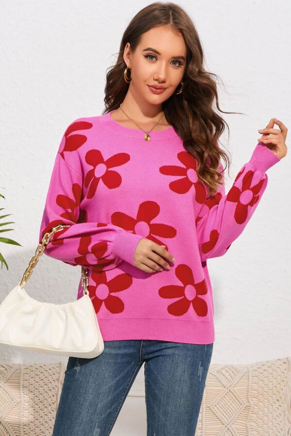 Rose Big Flower Knit Ribbed Trim Sweater