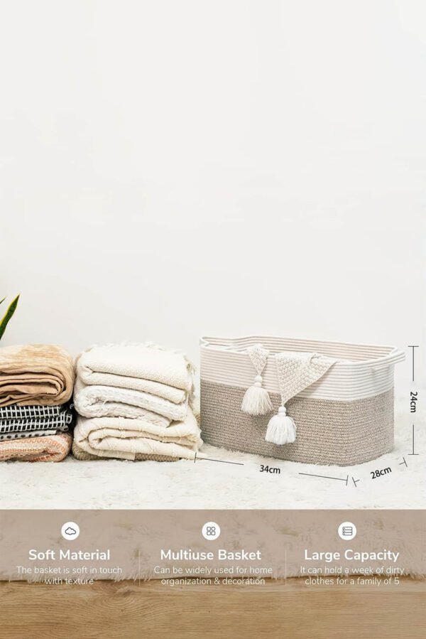 Beige Colorblock Handled Large Capacity Cotton Basket