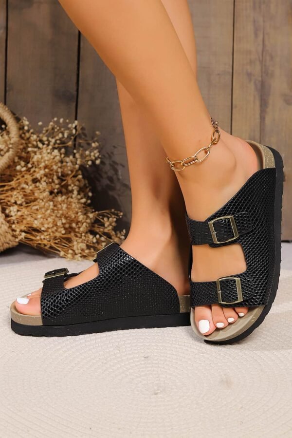 Black Suede Textured Buckle Straps Beach Slippers