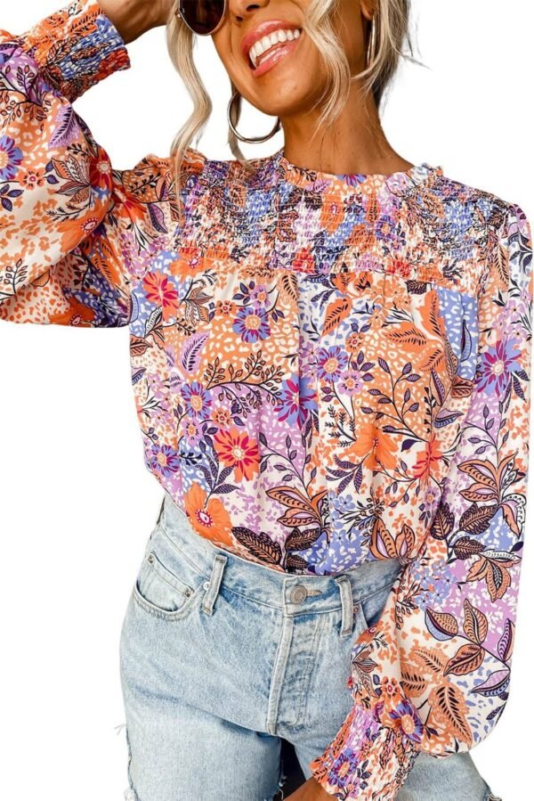 Multicolour Floral Bishop Sleeve Frilled Round Neck Blouse