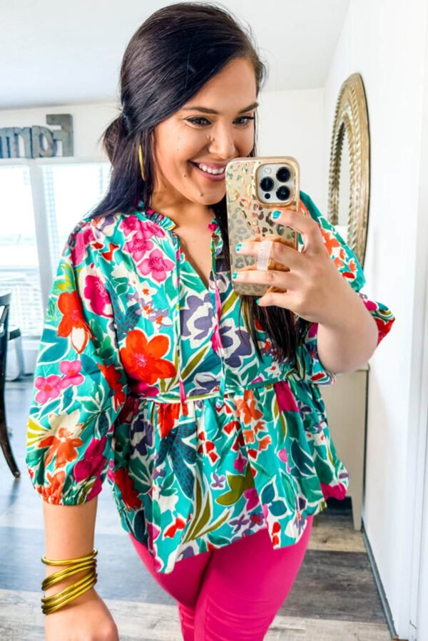 Multicolor Floral Tie Split Neck Plus Size Peplum Blouse