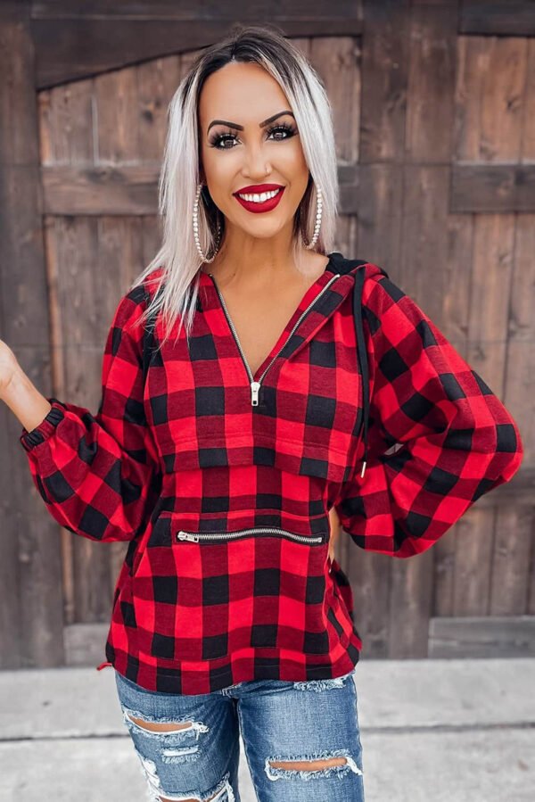 Red Buffalo Plaid Zipped Front Pocketed Hoodie