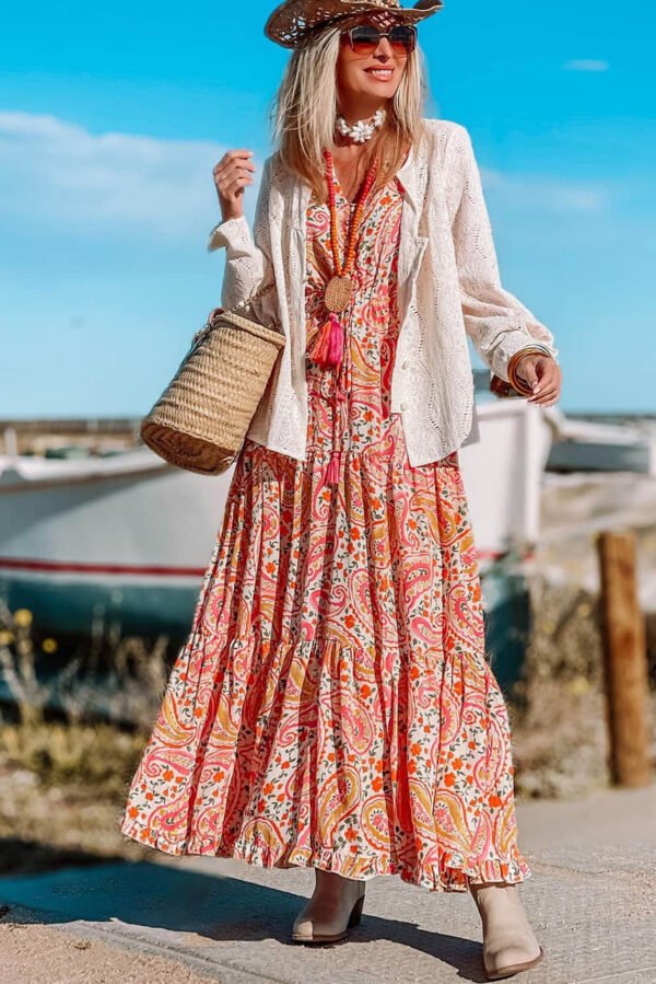 Orange Boho Holiday Paisley Print Tiered Long Sleeve Maxi Dress