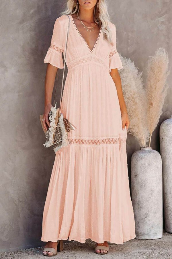 Swiss Dot Lace Trim Maxi Dress