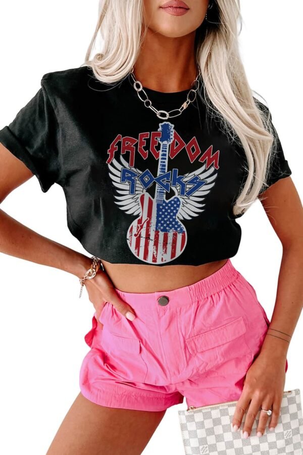 Black American Flag Guitar Print Crew Neck Tee