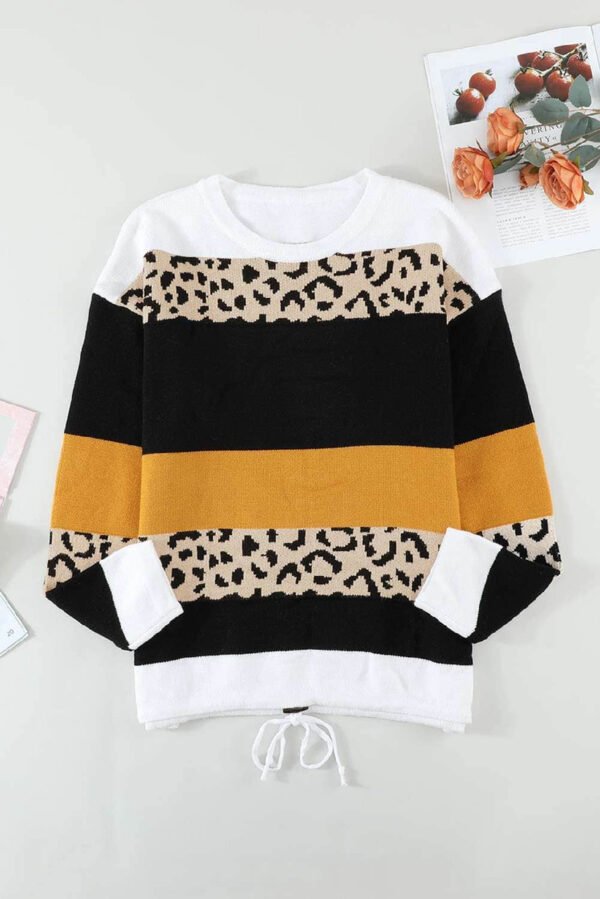 Orange Crewneck Leopard Color Block Knit Pullover Sweater