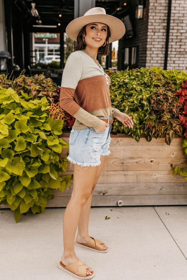 Orange Striped Color Block Henley Top