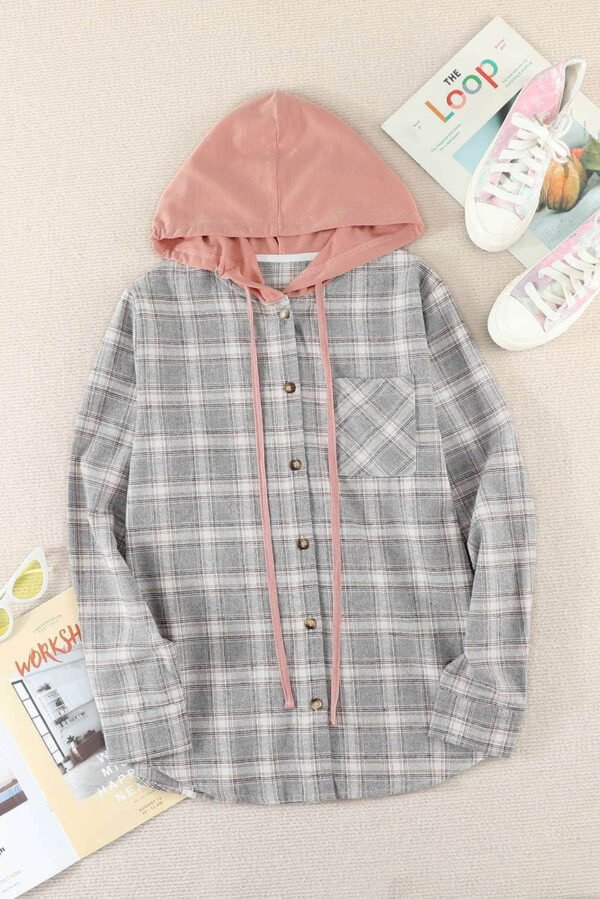 Khaki Drawstring Plaid Hooded Shirt Coat