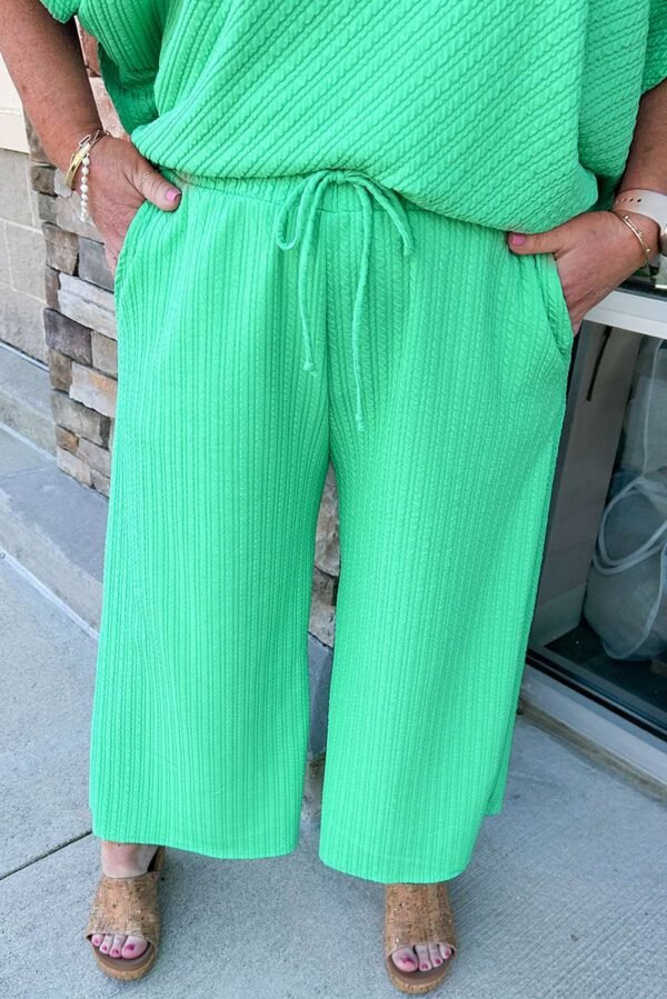 Mint Green Textured Batwing Sleeve Tee Wide Leg Pants Plus Size Set