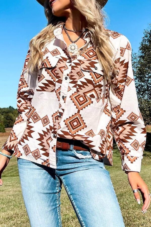 White Western Aztec Pattern Button Flap Pocket Shirt