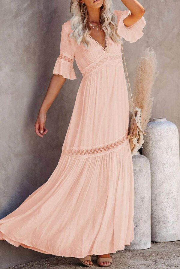 Swiss Dot Lace Trim Maxi Dress