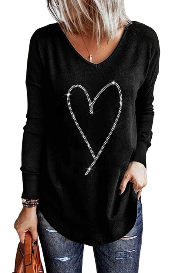 Black Rhinestone Heart Shaped V Neck Long Sleeve Top