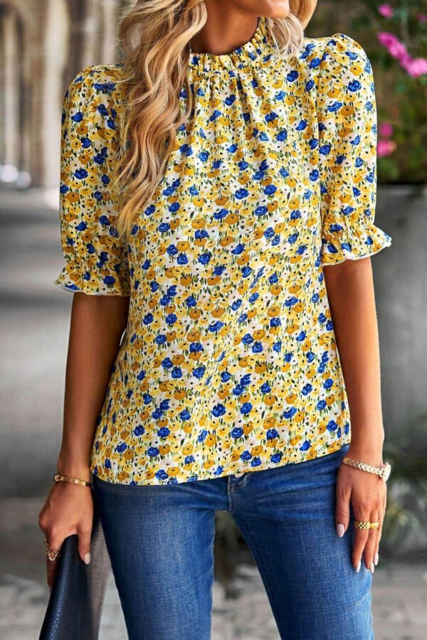 Yellow Boho Floral Ruffle Short Sleeve Frill Mock Neck Blouse