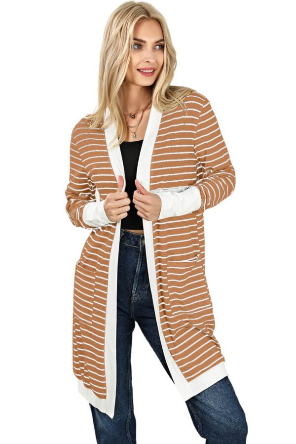 Brown Striped Side Pockets Open Front Cardigan