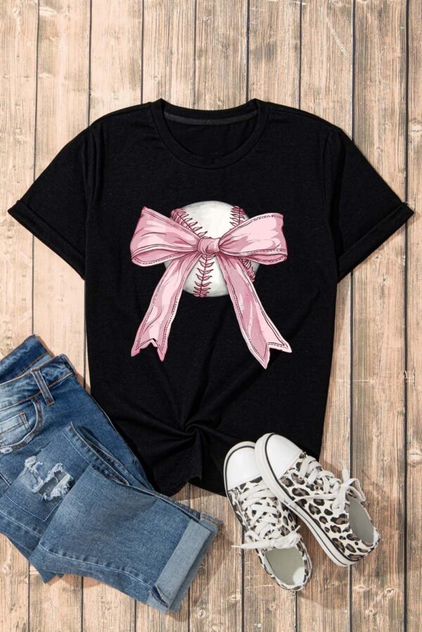 Black Baseball Bow Knot Print Round Neck T Shirt